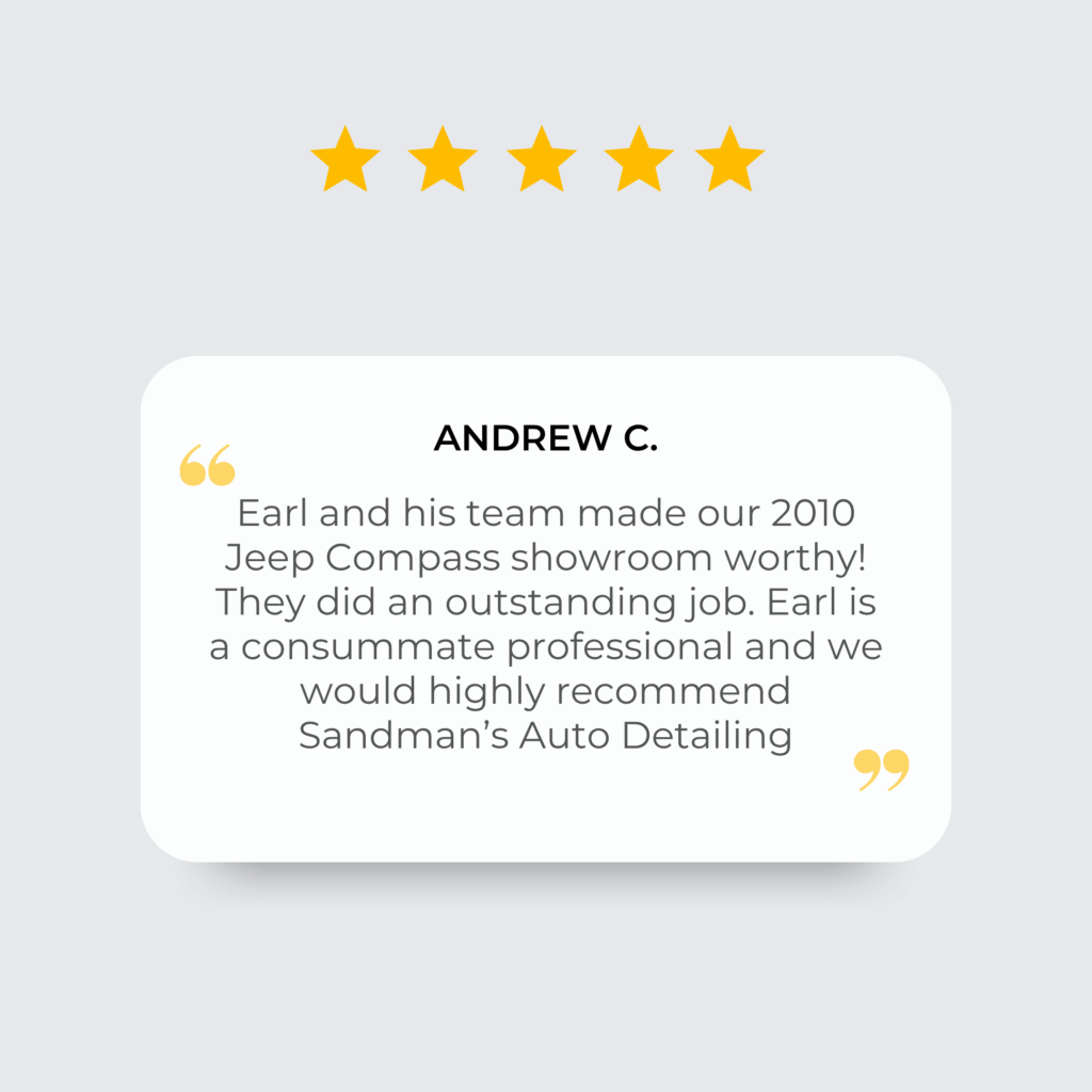 Five-star review card with customer testimonial