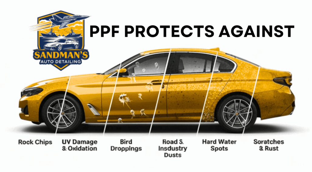 Yellow car showing PPF protection zones